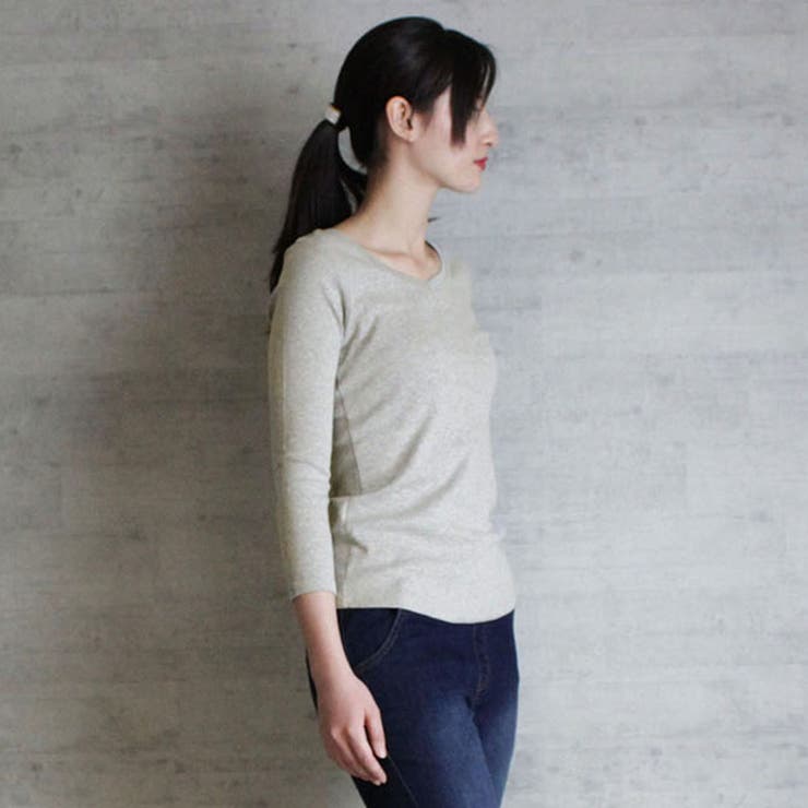 Vネック8分袖コットンフライスTシャツ 半端袖 カットソー | atONE | 詳細画像22 
