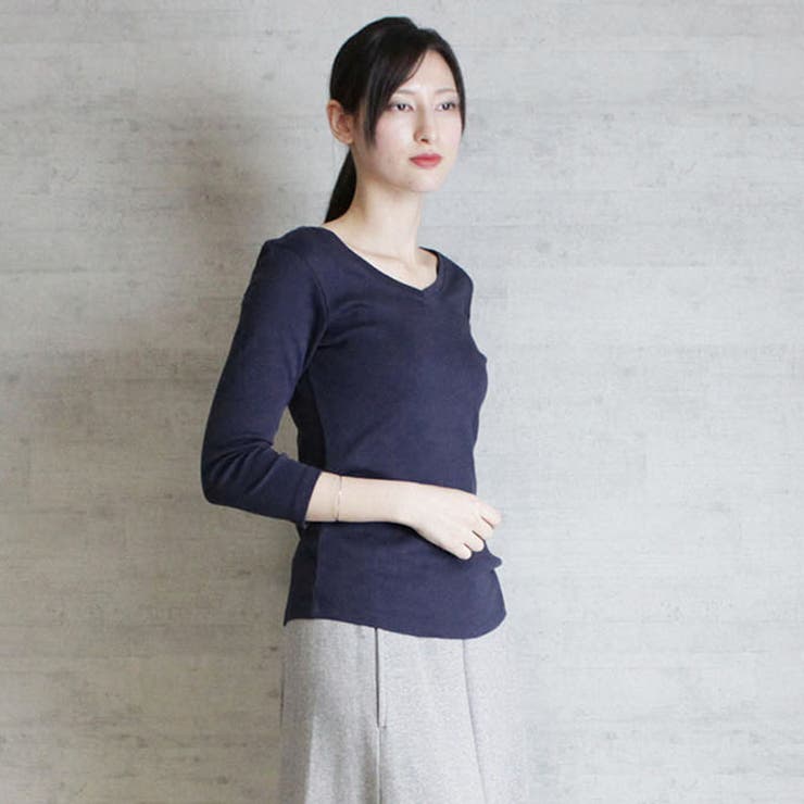 Vネック8分袖コットンフライスTシャツ 半端袖 カットソー | atONE | 詳細画像25 