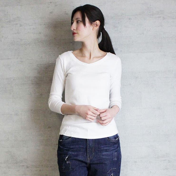 Vネック8分袖コットンフライスTシャツ 半端袖 カットソー | atONE | 詳細画像27 