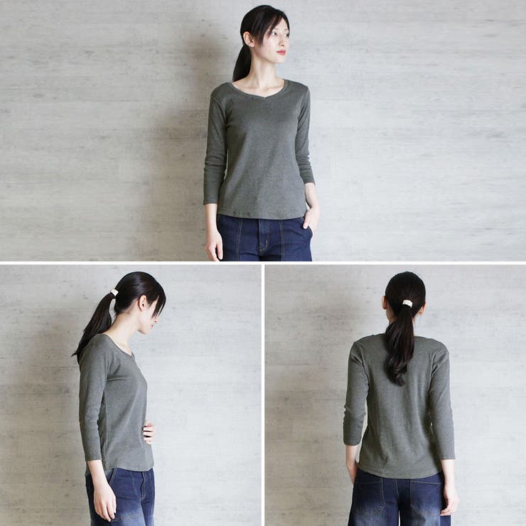 Vネック8分袖コットンフライスTシャツ 半端袖 カットソー | atONE | 詳細画像2 