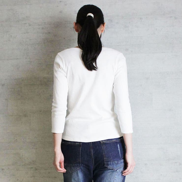 Vネック8分袖コットンフライスTシャツ 半端袖 カットソー | atONE | 詳細画像29 