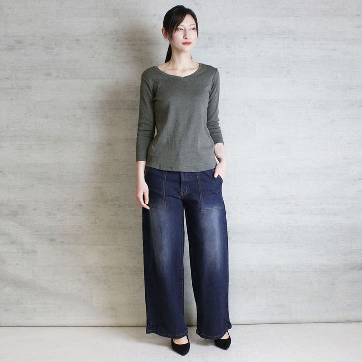 Vネック8分袖コットンフライスTシャツ 半端袖 カットソー | atONE | 詳細画像33 