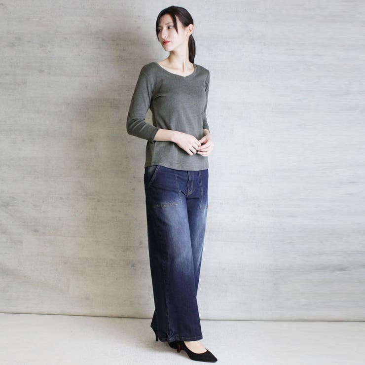 Vネック8分袖コットンフライスTシャツ 半端袖 カットソー | atONE | 詳細画像34 