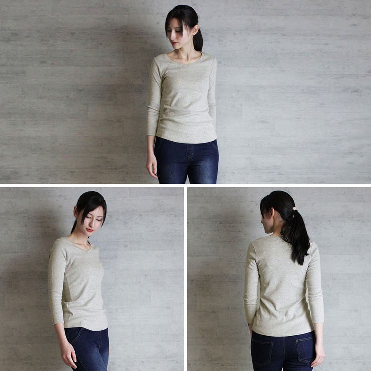 Vネック8分袖コットンフライスTシャツ 半端袖 カットソー | atONE | 詳細画像3 