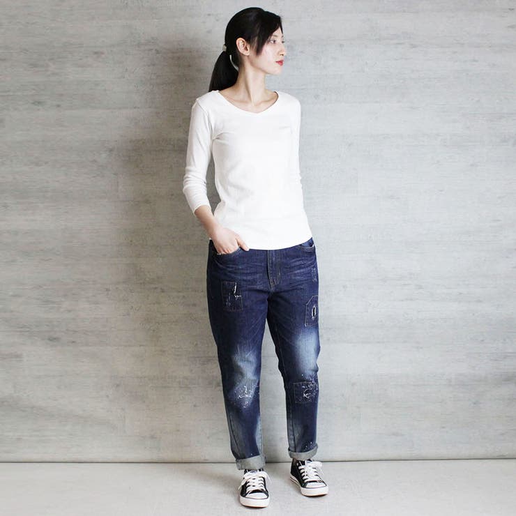 Vネック8分袖コットンフライスTシャツ 半端袖 カットソー | atONE | 詳細画像42 