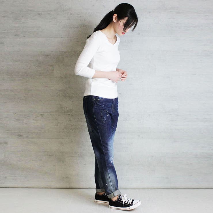 Vネック8分袖コットンフライスTシャツ 半端袖 カットソー | atONE | 詳細画像43 