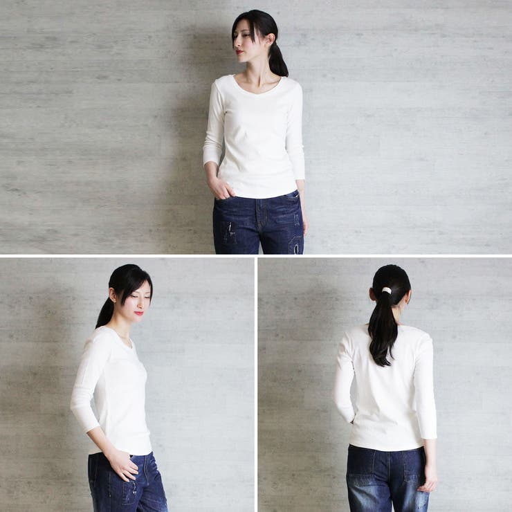 Vネック8分袖コットンフライスTシャツ 半端袖 カットソー | atONE | 詳細画像5 