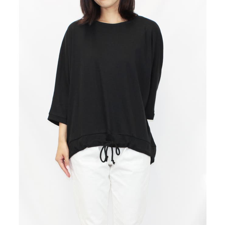 ブラック | コットンフライスヘムローブ入りカットソー | atONE