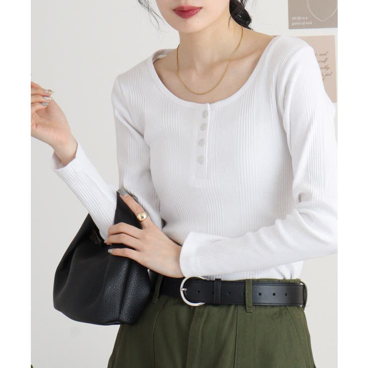 ホワイト | ランダムリブヘンリーネックロングTシャツ | atONE