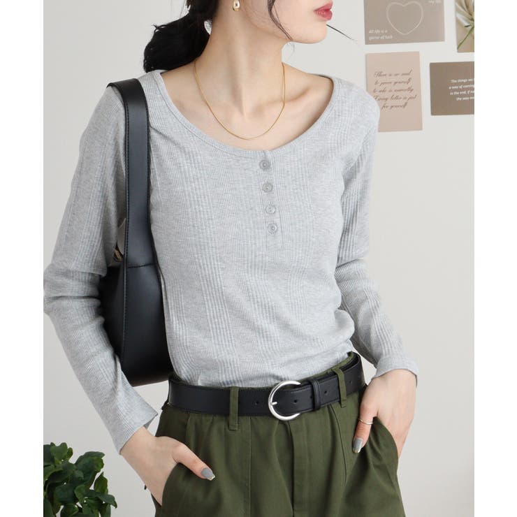 杢グレー | ランダムリブヘンリーネックロングTシャツ | atONE