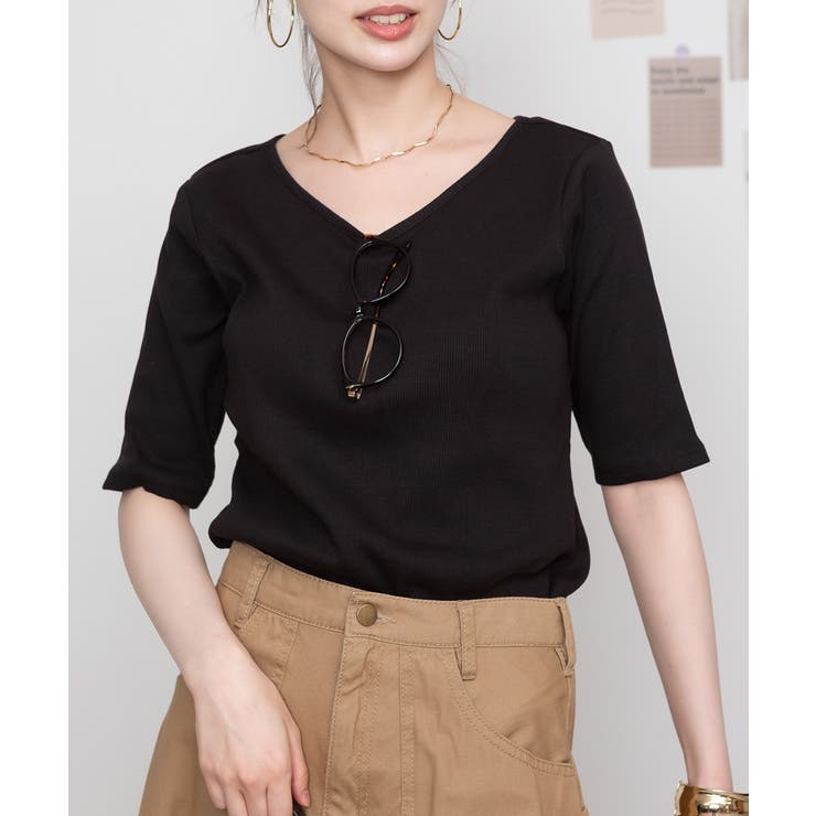 Vネック5分袖コットンリブTシャツ 無地 カジュアル | atONE | 詳細画像8 