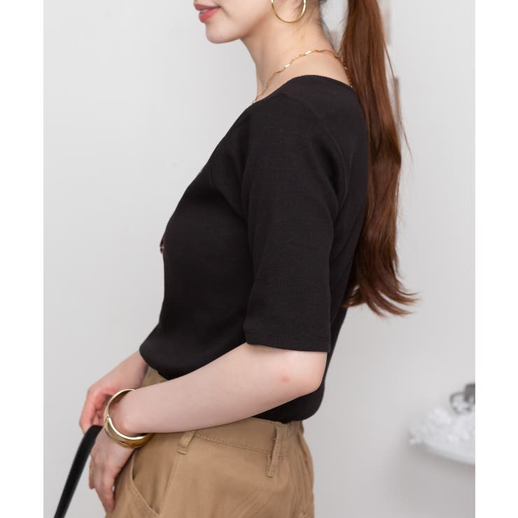 Vネック5分袖コットンリブTシャツ 無地 カジュアル | atONE | 詳細画像9 