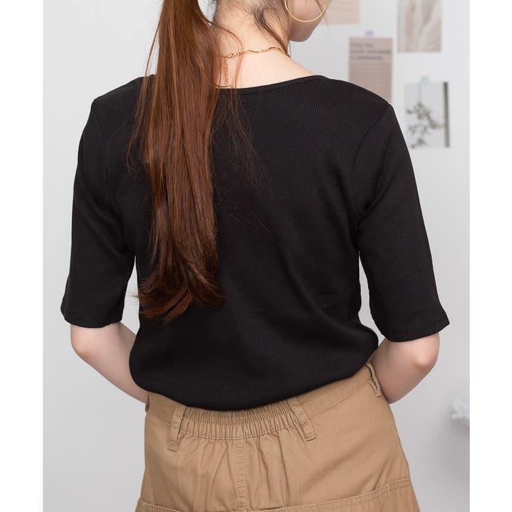 Vネック5分袖コットンリブTシャツ 無地 カジュアル | atONE | 詳細画像11 