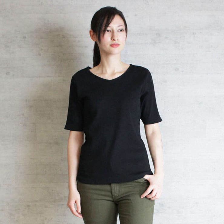 Vネック5分袖コットンリブTシャツ 無地 カジュアル[品番