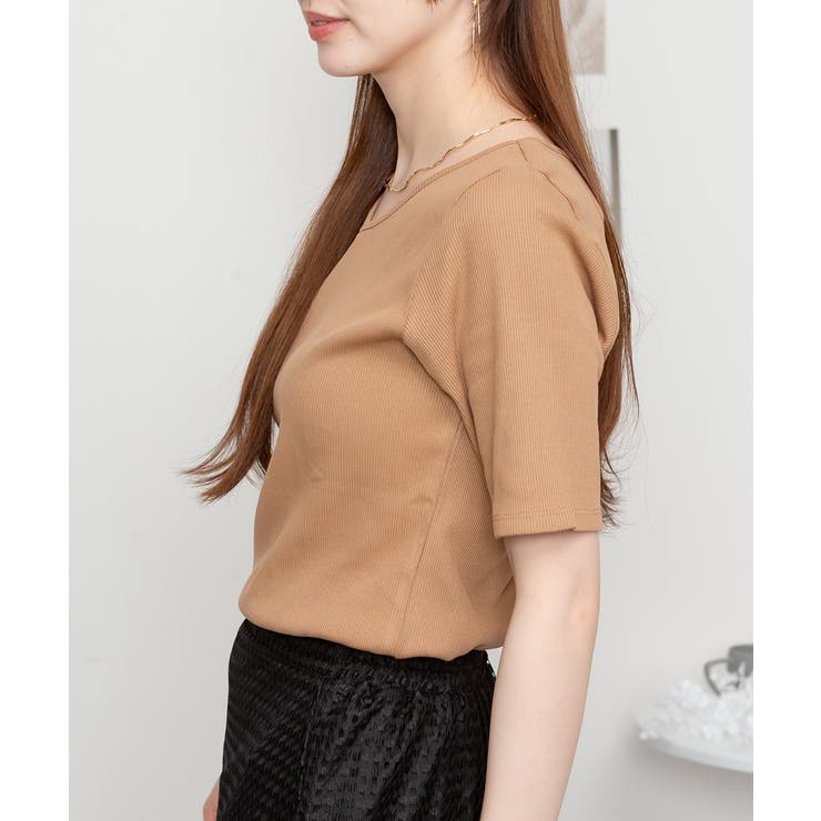 Vネック5分袖コットンリブTシャツ 無地 カジュアル | atONE | 詳細画像16 