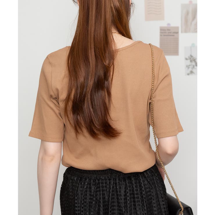 Vネック5分袖コットンリブTシャツ 無地 カジュアル | atONE | 詳細画像18 