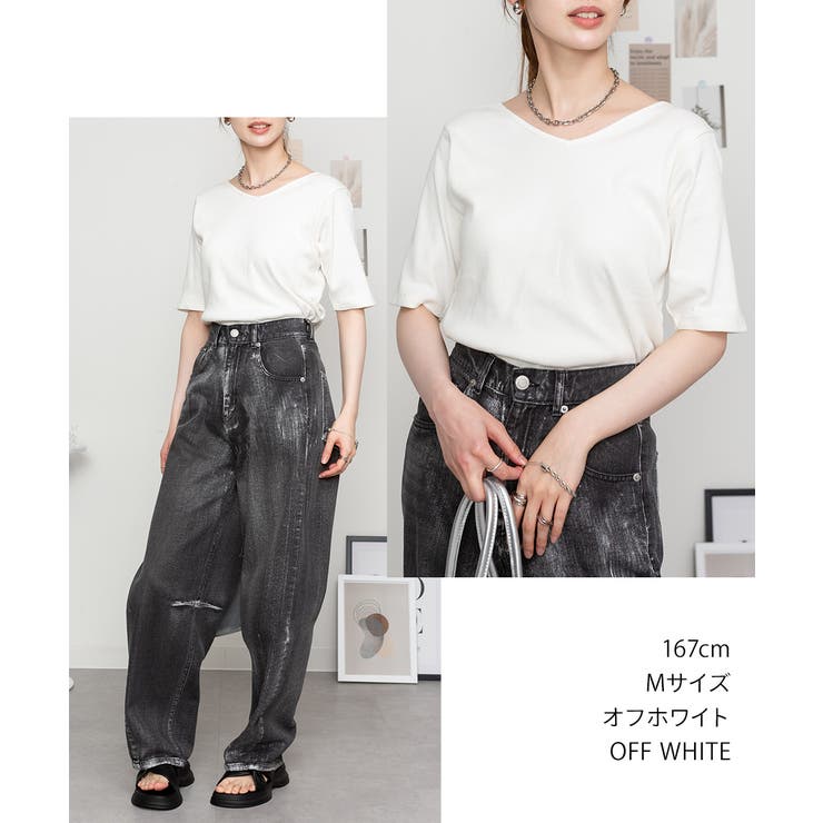 Vネック5分袖コットンリブTシャツ 無地 カジュアル | atONE | 詳細画像22 