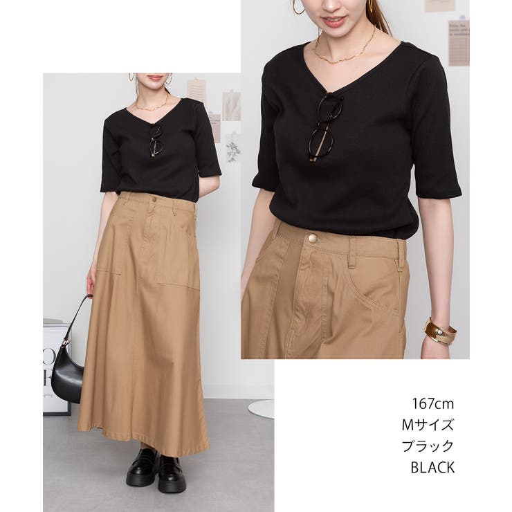 Vネック5分袖コットンリブTシャツ 無地 カジュアル | atONE | 詳細画像23 