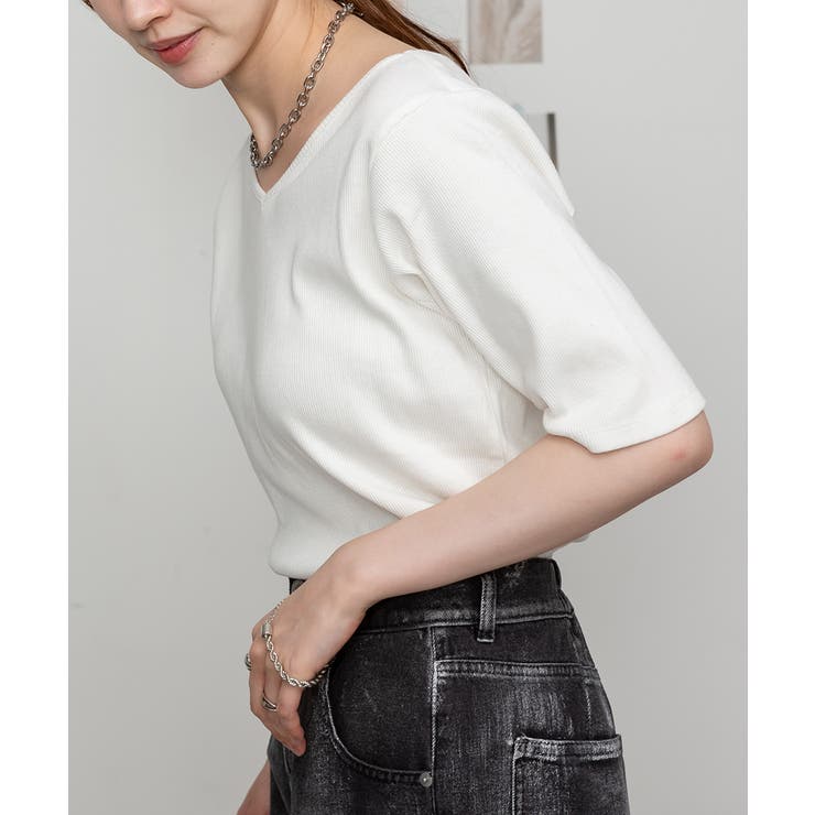 Vネック5分袖コットンリブTシャツ 無地 カジュアル | atONE | 詳細画像3 