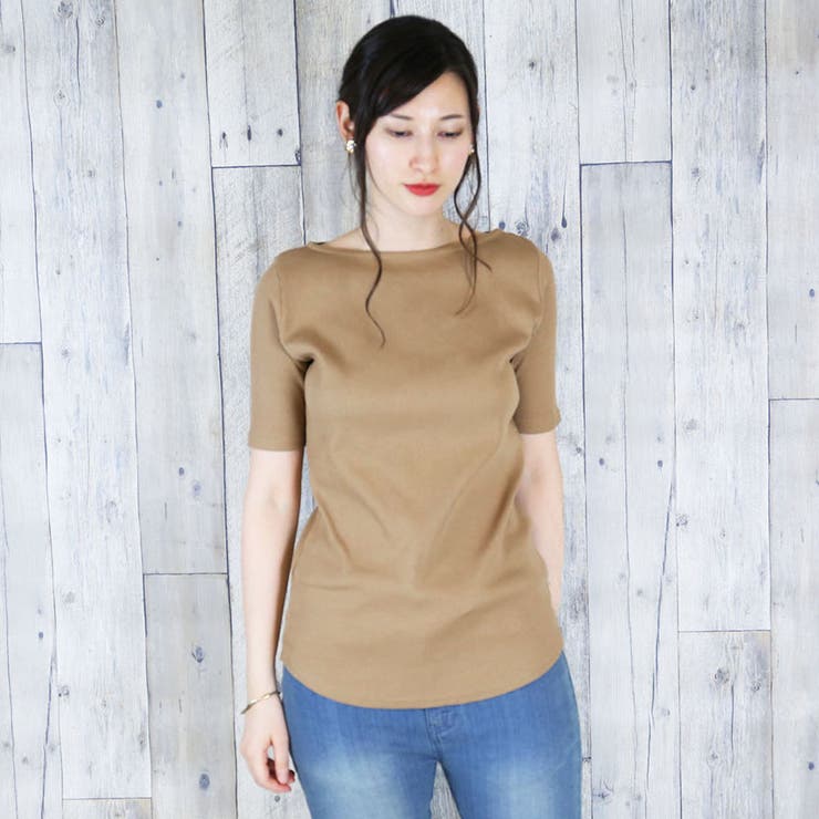 ボートネック5分袖コットンリブTシャツ 半袖 無地 | atONE | 詳細画像15 