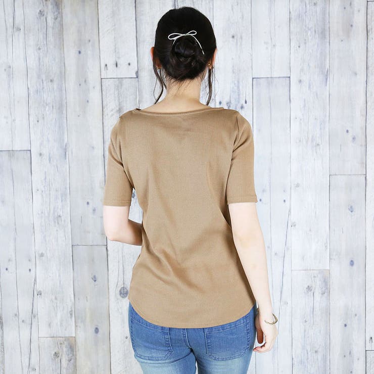 ボートネック5分袖コットンリブTシャツ 半袖 無地 | atONE | 詳細画像17 