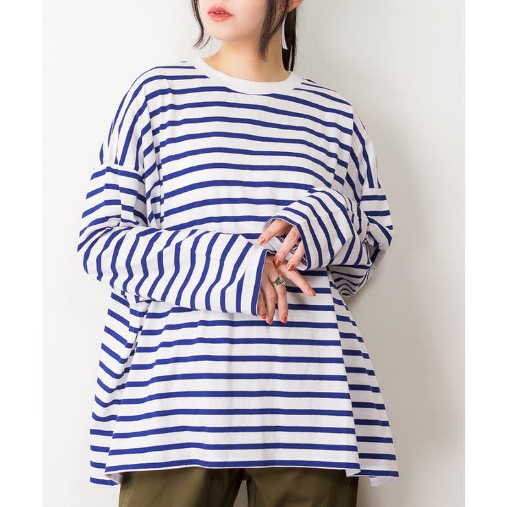 ブルー/オフホワイト | BIGボーダーロングスリーブTシャツ | atONE