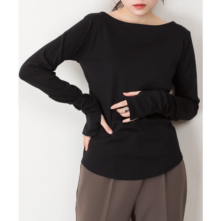 ブラック | ボートネック指空きTシャツ | atONE