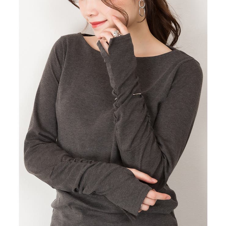 チャコールグレー | ボートネック指空きTシャツ | atONE