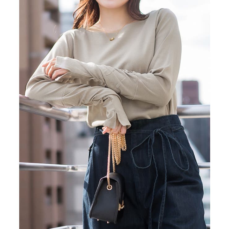 グレーベージュ | ボートネック指空きTシャツ | atONE