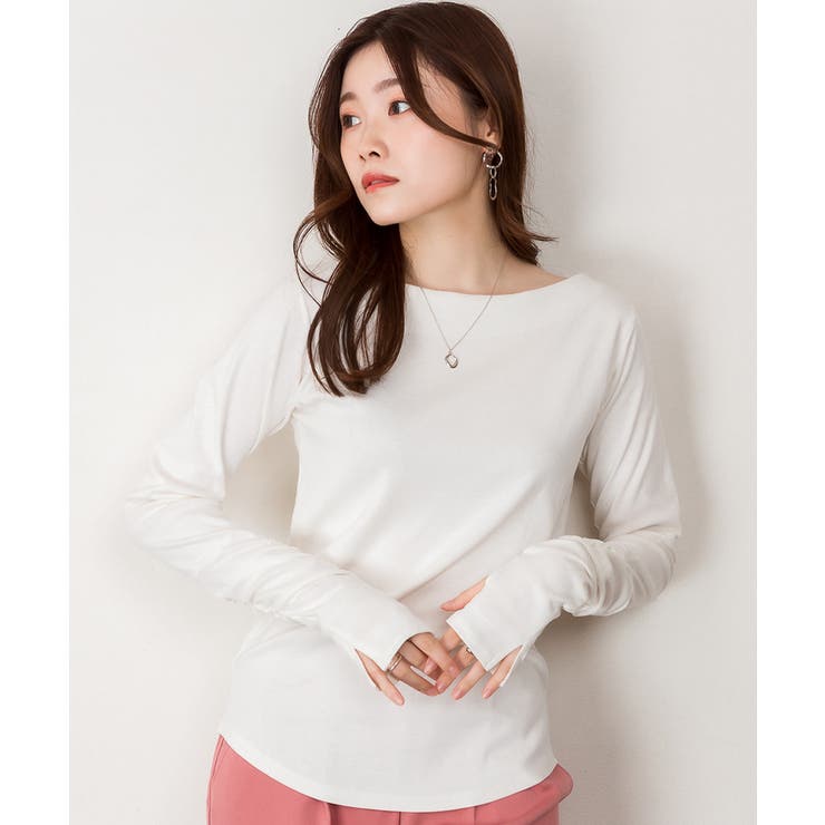 オフホワイト | ボートネック指空きTシャツ | atONE