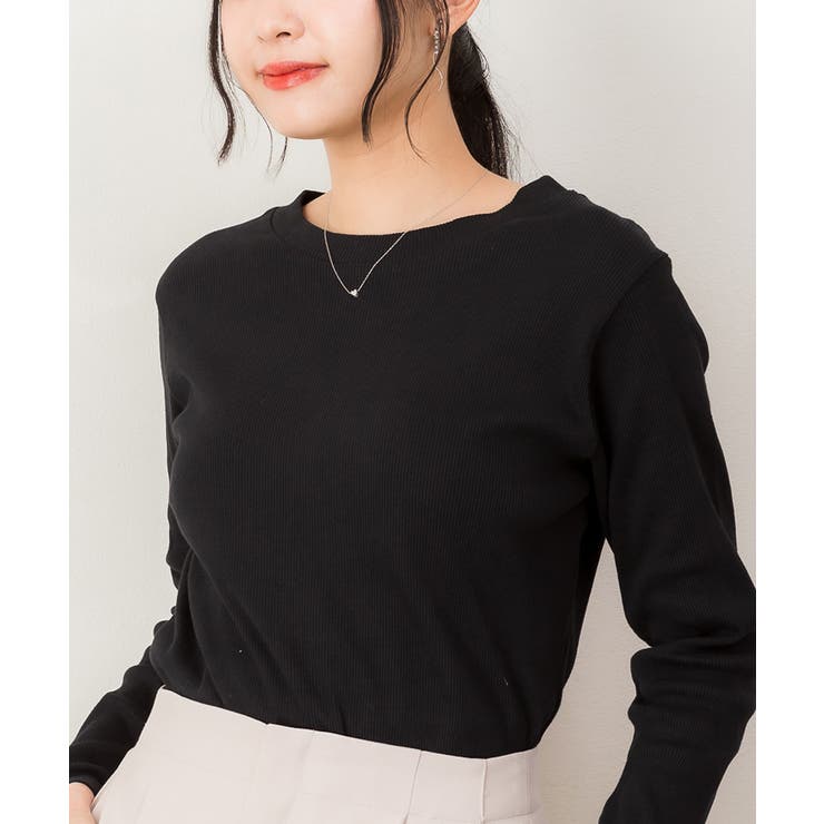 ブラック | リブクルーネック長袖Tシャツ | atONE