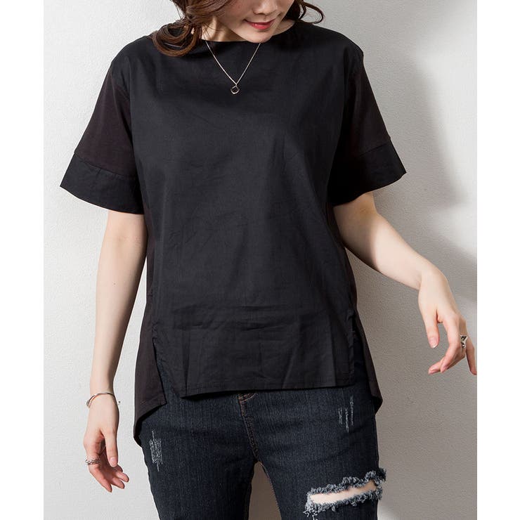 新品♡IENA 別注♡ATON/ 半袖Tシャツ♡黒① 異素材切り替え半袖Tシャツ[品番：ATOW0000923]｜atONE（アット