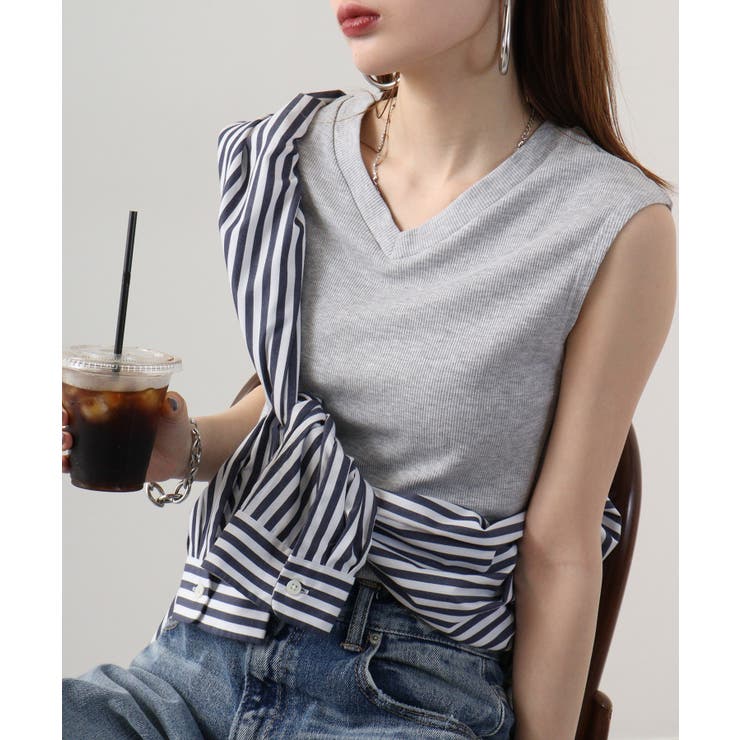 杢グレー | Vネックリブノースリーブ | atONE