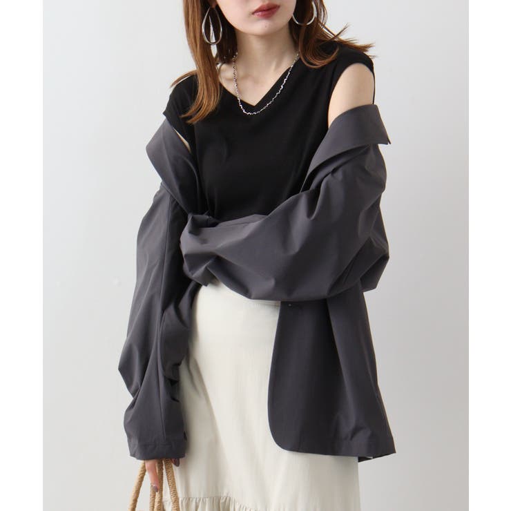 ブラック | Vネックリブノースリーブ | atONE