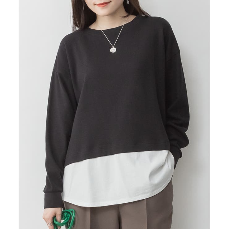 BLACK | ワッフル裾切り替え長袖Tシャツ | atONE