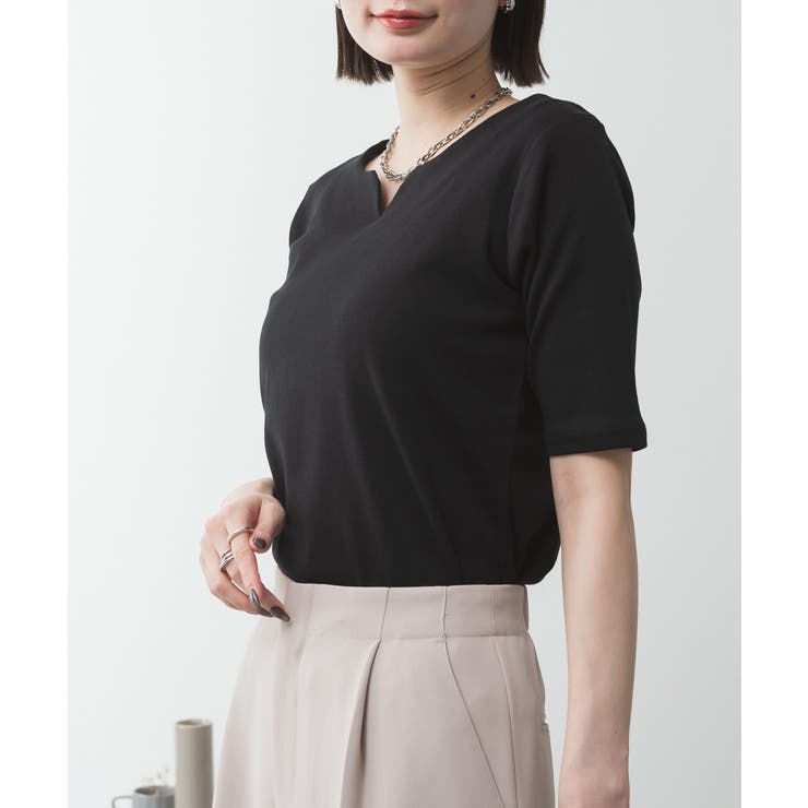 キーネックコットン5分袖トップス | atONE | 詳細画像37 