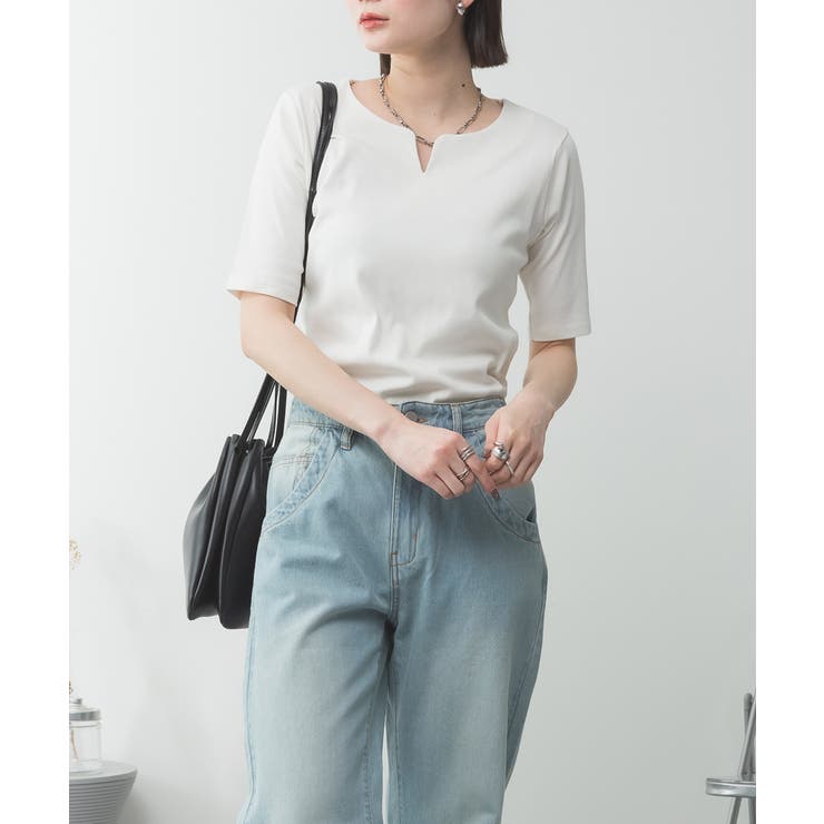 キーネックコットン5分袖トップス | atONE | 詳細画像3 