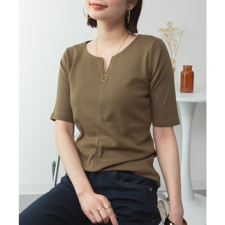 キーネックコットン5分袖トップス | atONE | 詳細画像47 