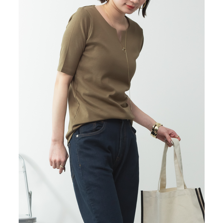 キーネックコットン5分袖トップス | atONE | 詳細画像49 