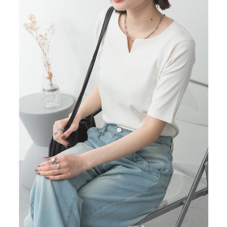 キーネックコットン5分袖トップス | atONE | 詳細画像5 