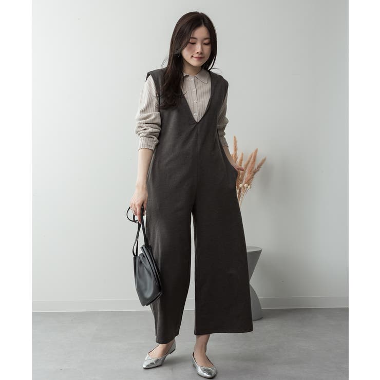 ミニ裏毛ディープVネックコットンジャンプスーツ | atONE | 詳細画像17 