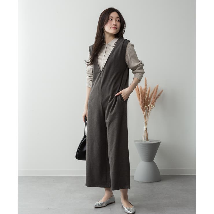 ミニ裏毛ディープVネックコットンジャンプスーツ | atONE | 詳細画像18 