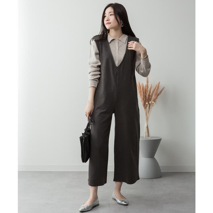 ミニ裏毛ディープVネックコットンジャンプスーツ | atONE | 詳細画像24 