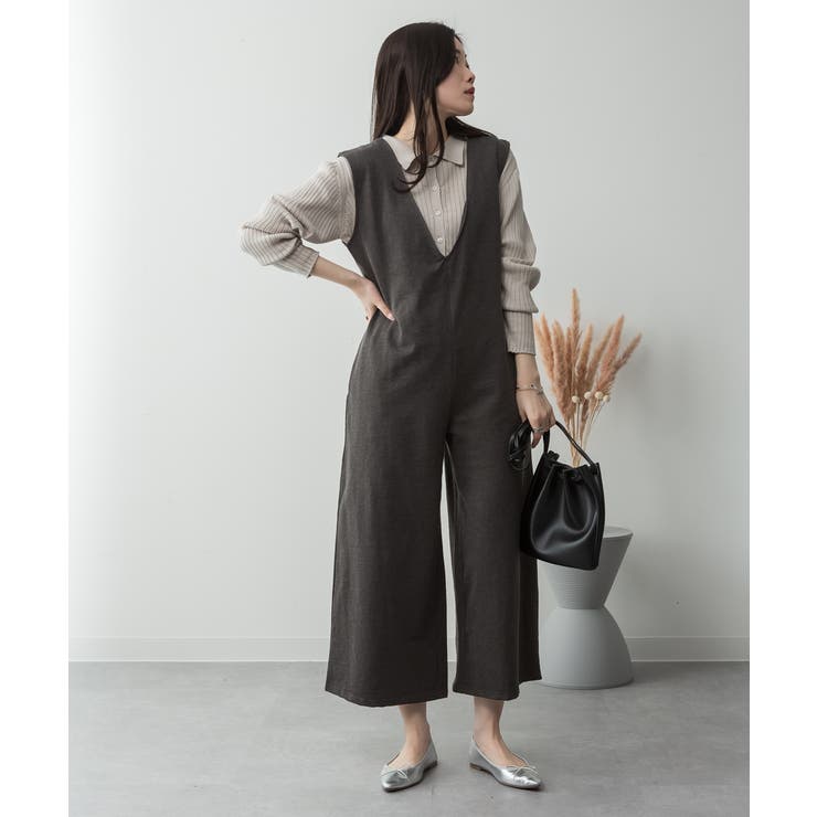 ミニ裏毛ディープVネックコットンジャンプスーツ | atONE | 詳細画像28 