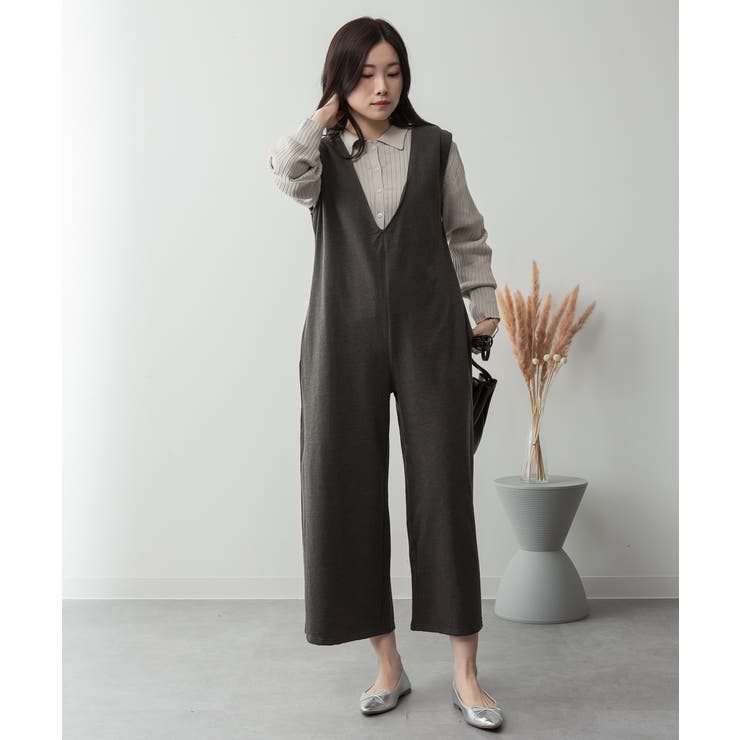 ミニ裏毛ディープVネックコットンジャンプスーツ | atONE | 詳細画像29 