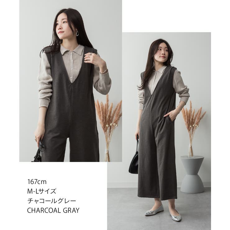 ミニ裏毛ディープVネックコットンジャンプスーツ | atONE | 詳細画像3 