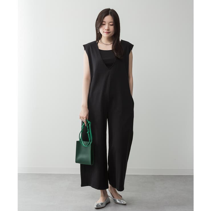 ミニ裏毛ディープVネックコットンジャンプスーツ | atONE | 詳細画像5 