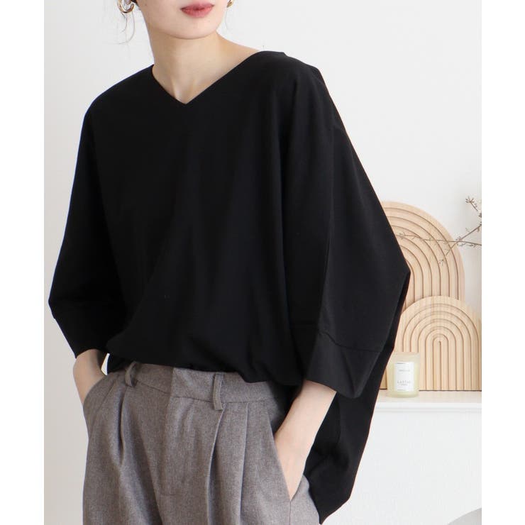 ブラック | Vネック7分袖ドルマンTシャツ | atONE