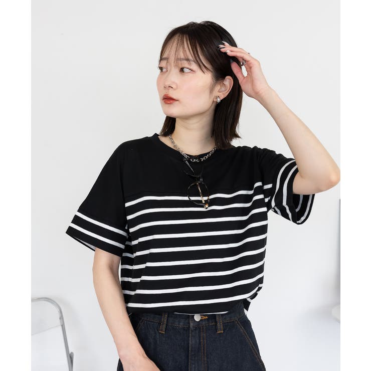 パネルボーダー風半袖トップス[品番：ATOW0001306]｜atONE