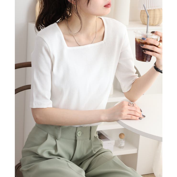スクエアネック5分袖コットンリブTシャツ | atONE | 詳細画像32 